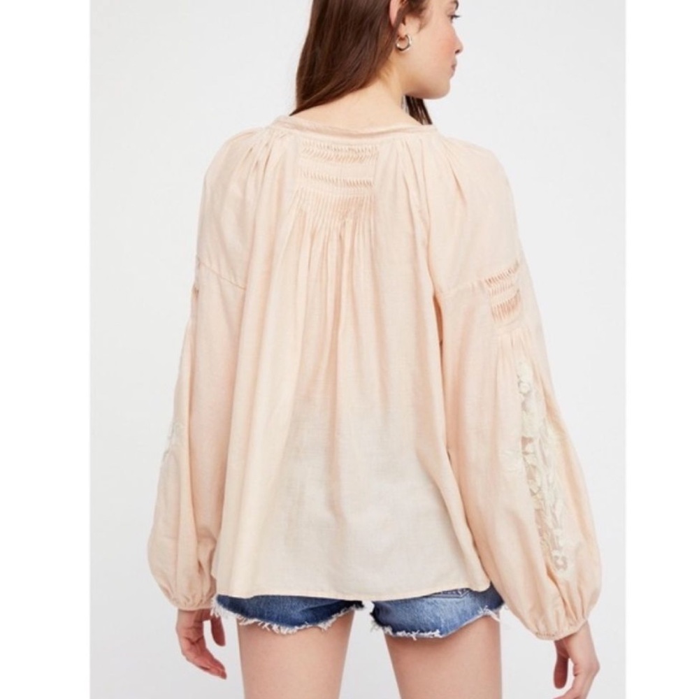 Free People Pale Peach Embroidered Lightweight Cotton Peasant Blouse - Picture 8 of 16